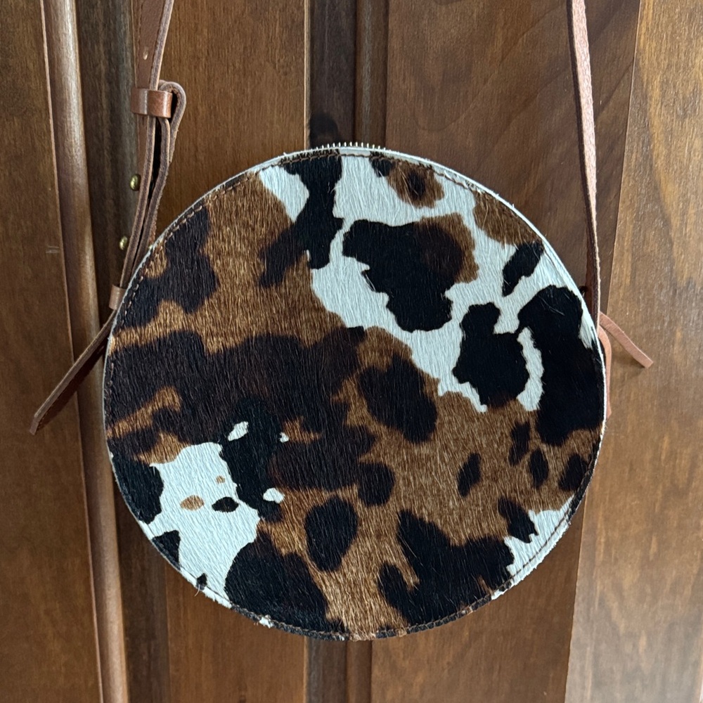 Madewell Round Crossbody in Brown, Black & White Cowhide